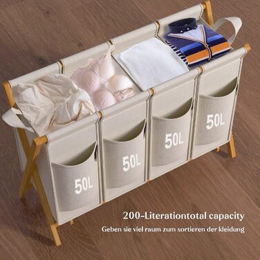 Кошик для білизни AdelDream з 3 відділеннями, 150л, бамбук, сортувальник, сірий