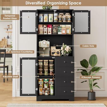 Кухонна шафа HOCSOK 163 см з робочою поверхнею, буфет, шафа для зберігання продуктів, 3 двері та 4 шухляди, висока шафа для кухні, вітальні, їдальні, бару, білий (чорний)
