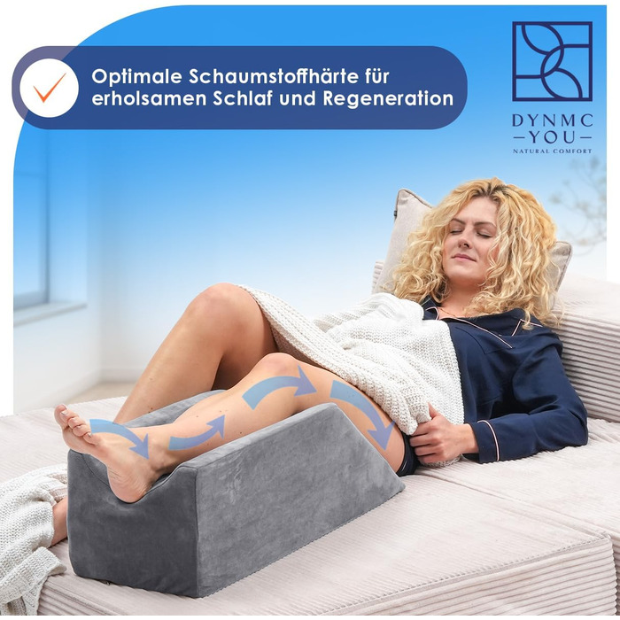 Подушка для підняття ніг клиновидна з ефектом пам'яті (Memory Foam), 68x25x22 см — ортопедична підставка для ніг після операцій, колін та гомілковостопного суглоба, з антиковзаючим покриттям та знімним чохлом OEKO-TEX