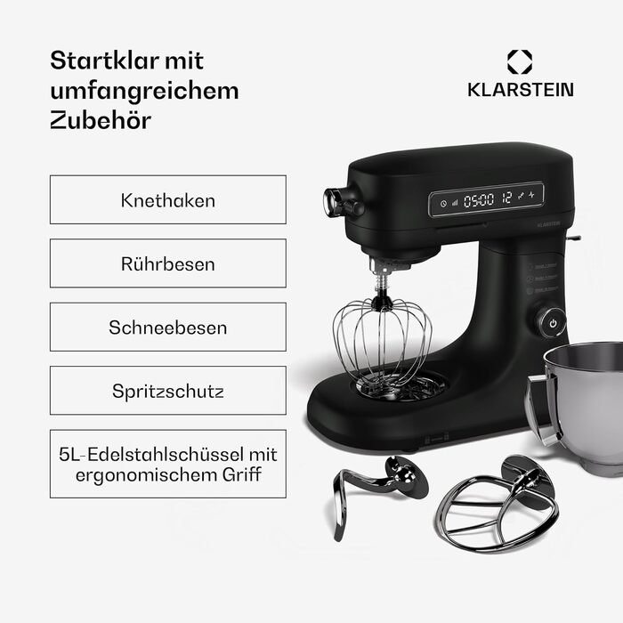Кухонна машина Klarstein Chiara 1600W: 5л чаша з нержавіючої сталі, 12 швидкостей, LCD-дисплей, тиха робота (≤72 дБ), набір для випічки, корпус з алюмінію, чорний колір