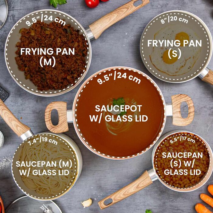 Набір каструль та сковорідок з антипригарним покриттям Nuovva - 8 предметів, кремовий граніт, для індукційних плит