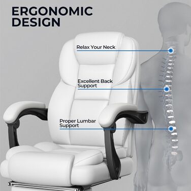 Ергономічне крісло Yaheetech для офісу, для начальника з підставкою для ніг, регульовані підлокітники, комп'ютерне крісло з високою спинкою, біле