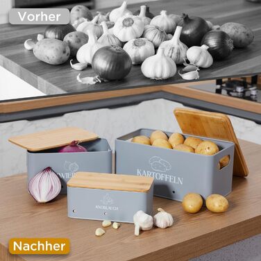 Набір контейнерів для зберігання овочів на кухні 3 шт. – для картоплі, цибулі та часнику з бамбуковими кришками – Набір для зберігання картоплі, цибулі та часнику сірого кольору