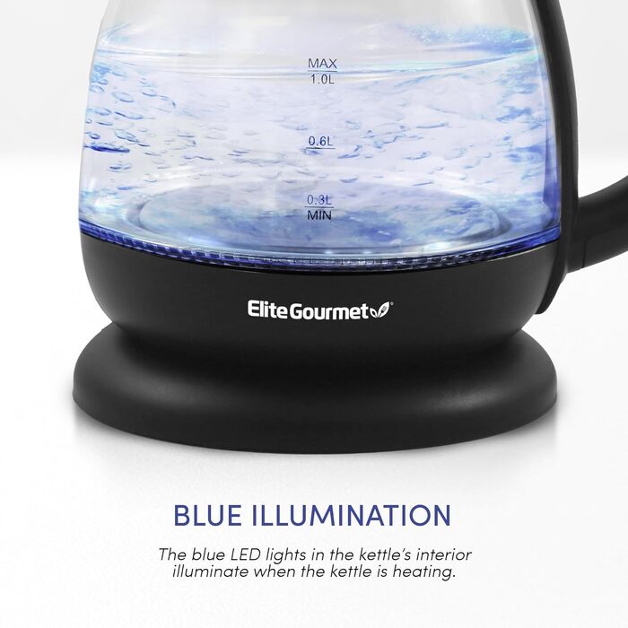 Електричний скляний чайник Elite Gourmet EKT1001 без бісфенолу А, бездротова основа на 360, стильний синій світлодіодний салон, зручна функція автоматичного вимкнення швидке кип'ятіння води для чаю та багато іншого, 1 л, чорний 1 л