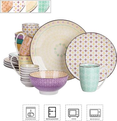 Набір порцелянового посуду Haruka, 48 предметів - Круглий комбінований обідній сервіз Mness aptieka на 12 персон, включає чашки, миски, десертні тарілки та обідні тарілки (тюльпан, комбінований набір з 24 предметів)