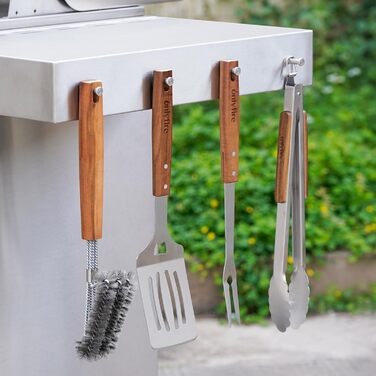 Набір гриль-посуду Onlyfire 4 шт. з нержавіючої сталі та акації (щипці, лопатка, виделка, щітка)