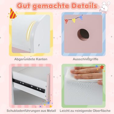 Дитячий туалетний столик COSTWAY з підсвічуванням та табуретом, білий, з 2 шухлядами та аксесуарами для дівчаток від 3 років