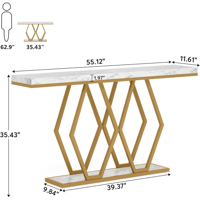 Вузький консольний стіл Tribesigns, металева основа, 140x30x90 см, передпокій/диванний столик, золото біле