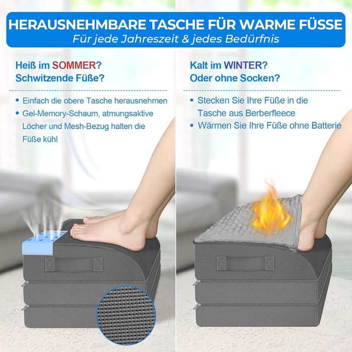 Підставка для ніг під стіл KingPavonini з гелевою пам'яттю, 3 положення, гріюча сумка для ніг, ергономічна підставка для офісного та ігрового крісла, сірий колір