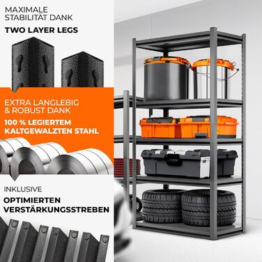 Металевий стелаж з металевими полицями - швидкий монтаж [НЕ СХИЛЬНИЙ ДО ПЛІСНІ & надзвичайно стабільний] Важкий металевий стелаж чорного кольору з п'ятьма полицями - стелаж для зберігання, підвальний стелаж, стелаж для гаража. Розміри: 160x86x45 см, 5 пол