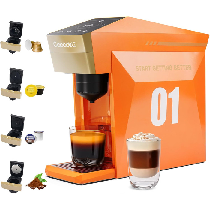 Кавомашина 4-в-1 для NES, Dolce Gusto, K-Cup та меленої кави, 19 bar, сенсорне керування, помаранчевий колір