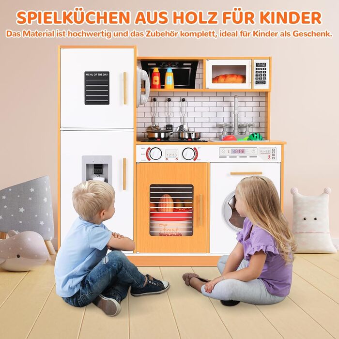 Дерев'яна дитяча кухня MAMIZO з підсвіткою та звуком, 82x80x25 см. Комплект аксесуарів, іграшка для дітей від 3 років, білий колір (біле дерево)