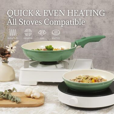 Набір каструль та сковорідок з керамічним покриттям 8 предметів з знімними ручками, сумісний з індукцією, придатний для духовки та миття в посудомийній машині, без PFAS/PFOA, кремово-білий