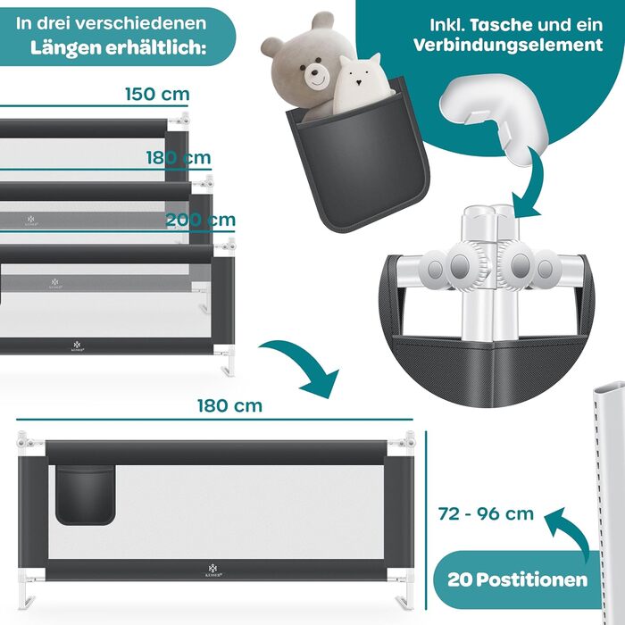 Захисний бортик для ліжка KESSER 180 см сірий: сітка, складаний, регульований, захист від випадання для дітей та малюків
