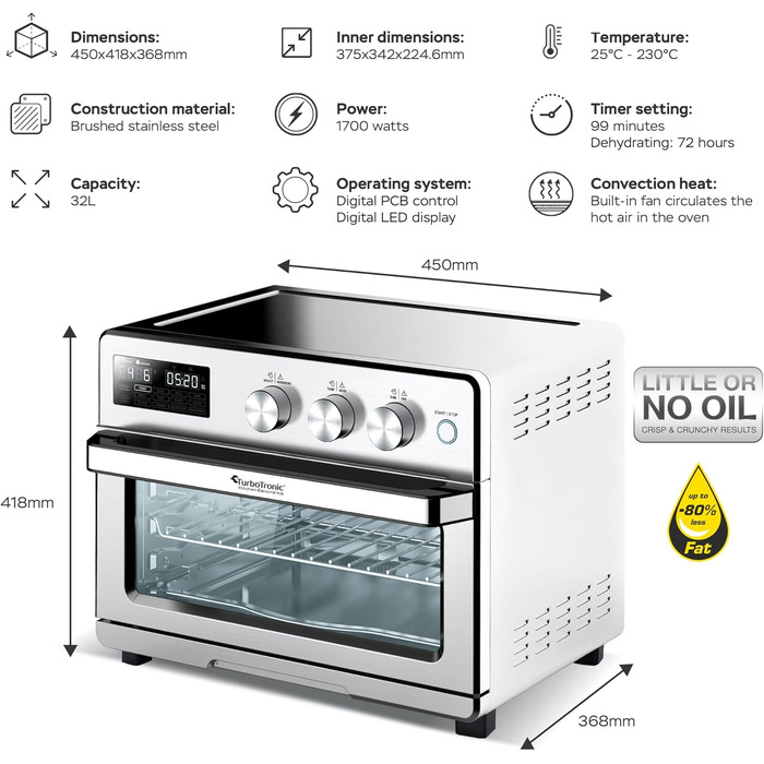 TurboTronic Цифровий конвекційний духовий шафа XXL 32 літри з поворотним шампуром для курки 5-в-1, міні-духовка, сушарка та фритюрниця Airfryer від 25°C, сріблястий