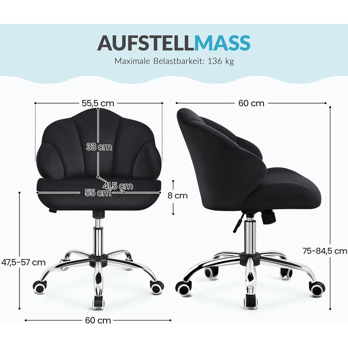 Крісло для дому та офісу Yaheetech, крісло для макіяжу, регульоване по висоті, поворотне, офісне крісло у формі мушлі з роликами, велюрове крісло, до 136 кг, білий (чорний)