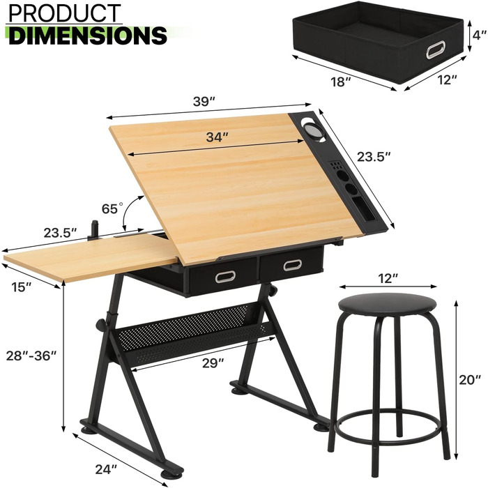 Набір мольбертів Magshion: регульований стіл для художника з нахиленою дерев'яною столешницею, ящиками та стільцем. Підходить для дому, офісу та школи (білий/чорний)