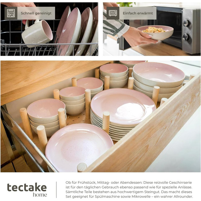 Набір посуду Tectake® 30 предметів для 6 осіб, керамічний посуд, ручної роботи, тарілки, миски та чашки, придатний для миття в посудомийній машині та використання в мікрохвильовій печі - Coral Blush