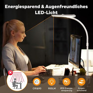 LED настільна лампа Doppelkopf з регулюванням яскравості, 24W, 80см, з клемою, денне світло, гнушкий шийка, для офісу, захист очей, з тримачем для телефону, чорна