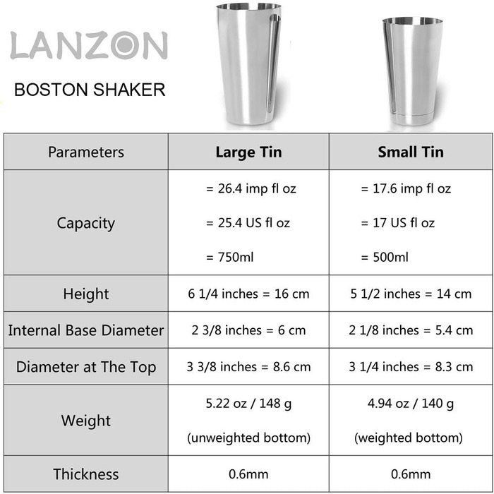 Шейкер для коктейлів Lanzon Boston набір шейкерів з нержавіючої сталі з 2 предметів, набір шейкерів для коктейлів об'ємом 500 мл 750 мл для всіх професій