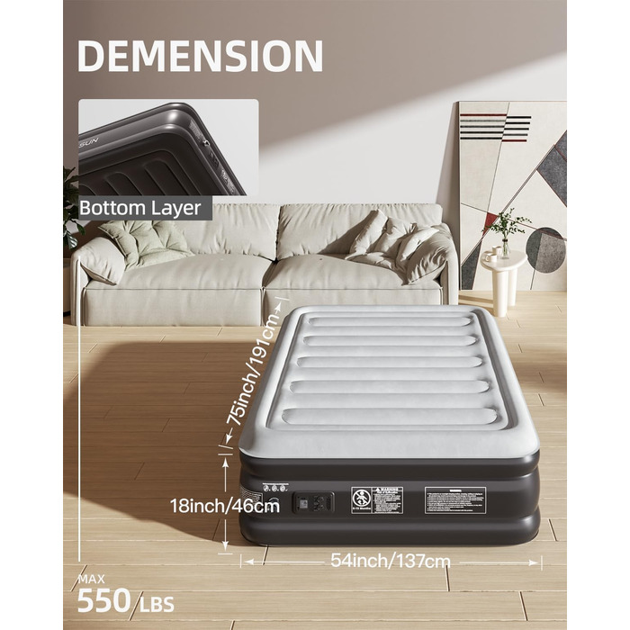 Надувна ліжко ChillSun з електричним насосом, King Size, для дому та кемпінгу, 203 x 152 см