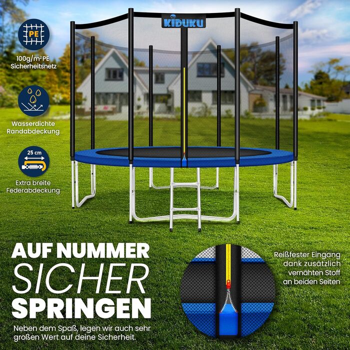 Батут KIDUKU Ø 244/305/366/427 см з сіткою, драбиною та захисним покриттям | Для дітей та дорослих до 150 кг | Садовий батут