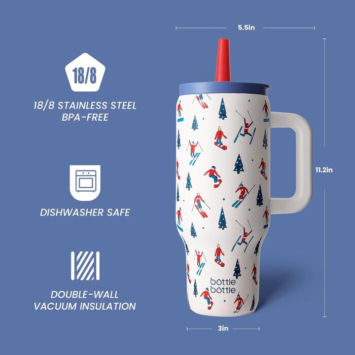 Термокружка-пляшка 900 мл з нержавіючої сталі з ручкою та трубочкою – BPA-free, з подвійними стінками, не протікає – для подорожей, офісу, університету, спорту та як подарунок. Підходить для катання на лижах.