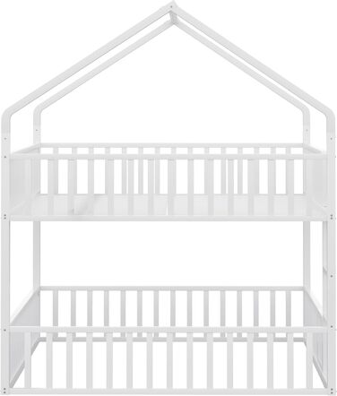 Двоярусне ліжко 140x200 для 2 дітей з лесенкою та бар'єром, металеве, з ламелями (біле)
