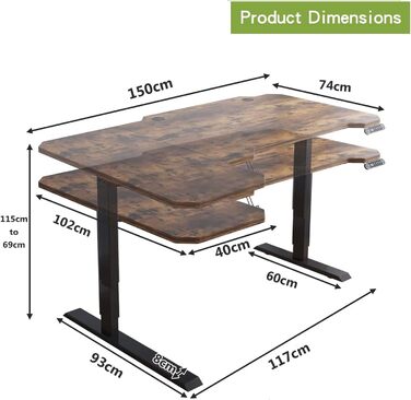 Електричний стіл Radlove з регулюванням висоти, стоячий стіл у формі 150 см L, стоячий стіл із 4 елементами керування пам'яттю зі стільницею 2-складний телескопічний стоячий стіл, з'єднувальна дошка 78 x 150 см коричневий