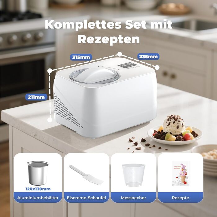 Машина для приготування льоду з компресором 1л, самостійно охолоджувана знімним контейнером для льоду, з лопаткою/мірювальним циліндром з позначками