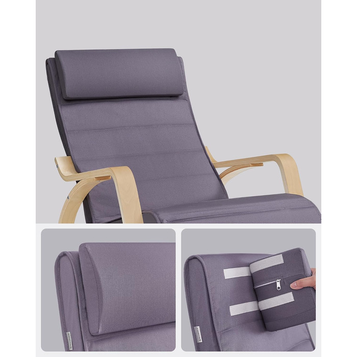 Крісло-гойдалка SONGMICS з підлокітниками з натурального дерева, регульована підставка для ніг, до 150 кг, для спальні/вітальні, темно-натуральний колір (сірий + натуральний, бавовна/поліестер)