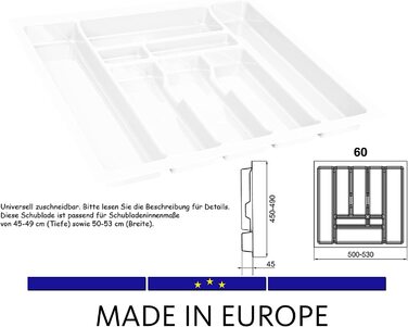 Універсальна вставка для столових приладів BigDean для висувних ящиків 50 см-ріжеться за розміром-вставка для пластикових ящиків 430x490 мм, Європейський ящик для столових приладів (53x49 см для висувних ящиків 60 см, білий)
