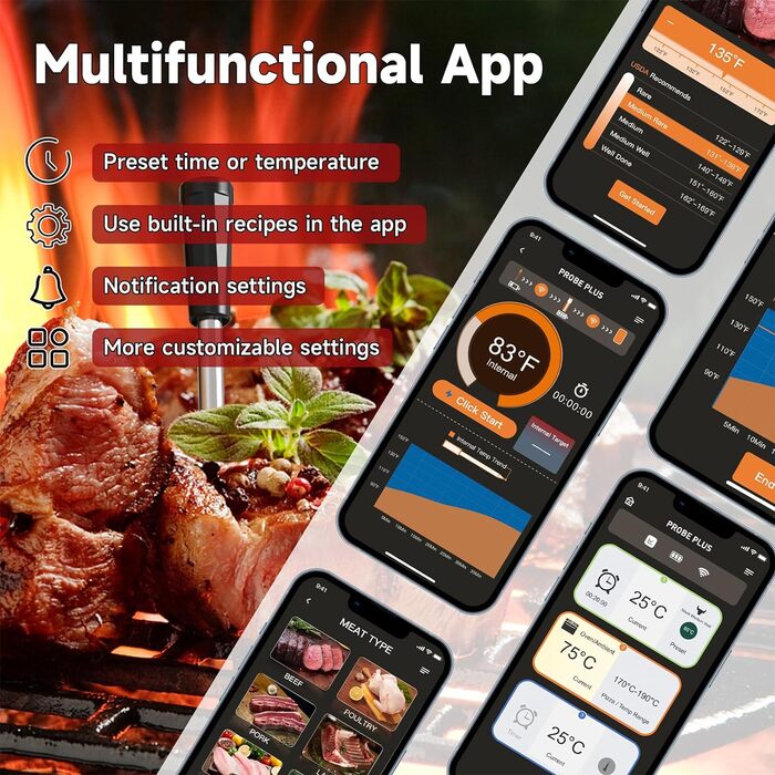 Розумний термометр для м'яса Merdoo, бездротовий термометр для барбекю і термометр для смаження, моніторинг температури через додаток для барбекю, гриля, духовки, кухні, коптильні, гриля і візка для барбекю