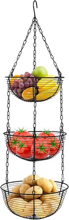 Підвісна кошик Hossejoy 3 поверхи, підвісна кошик для фруктів з стельовим гачком, підвісна кухонна ваза для фруктів 76 см, металева корзина для овочів (Південна Кароліна