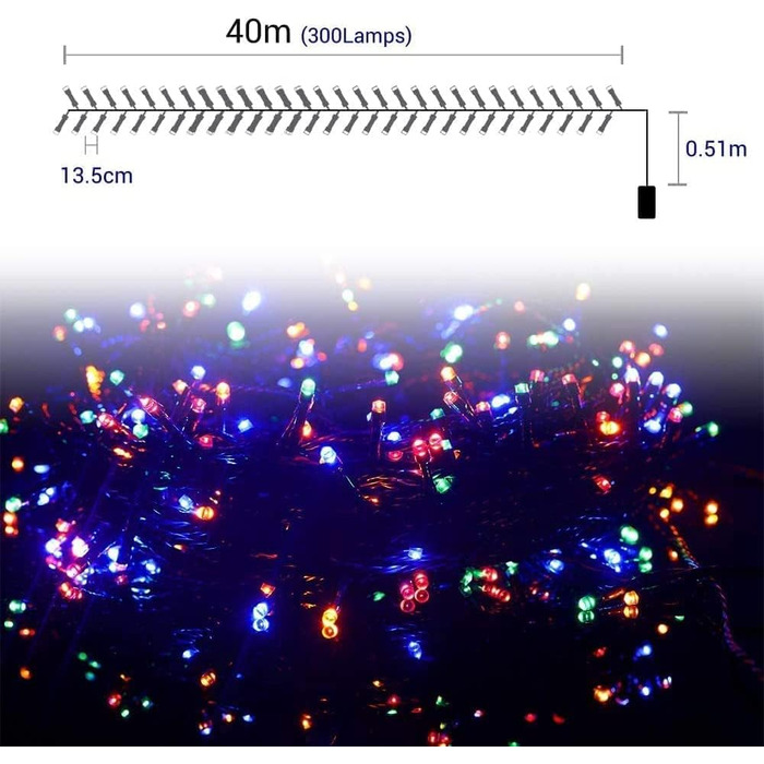 Світлодіодів, 40M, барвистий, 8 режимів, таймер, IP44, для вулиці/приміщення, Різдво, 300