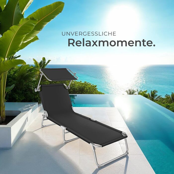 Шезлонг Tectake для саду з сонцезахистом, розкладний, для балкону/тераси, з регульованою спинкою, пляжний, до 110 кг, сірий
