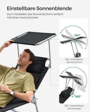 Лежак для відпочинку SONGMICS, розкладний, 193 x 53 x 29 см, до 150 кг, захист від сонця, подушка, регульована спинка, для саду, басейну, тераси (Чорний)