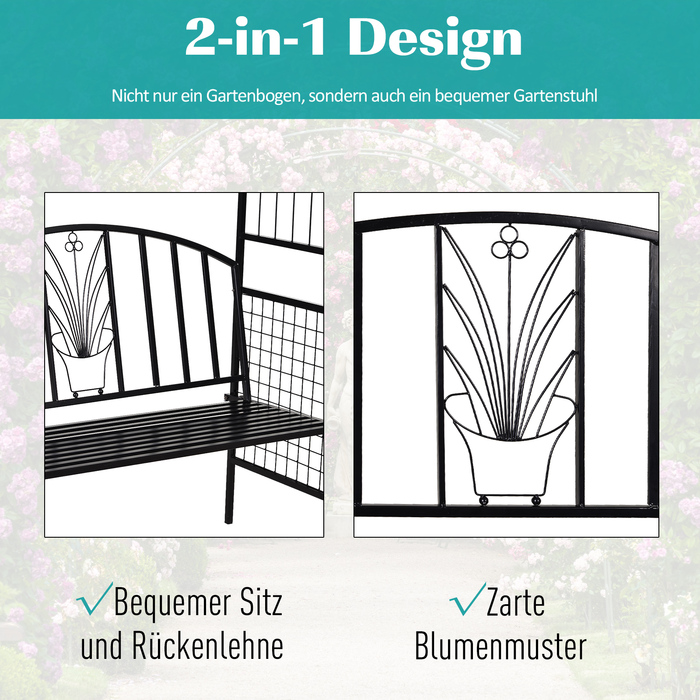 Арка-пергола з лавкою та решіткою для рослин, металева, чорна, 154 x 60 x 205 см