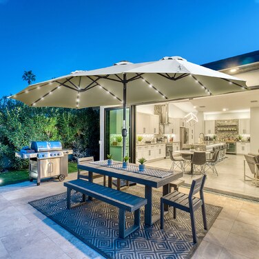 Outsunny Parasol зі світлодіодною сонячною 4,5-метровою подвійною парасолькою Garden Parasol овальної форми світло-сірого чорного кольору для патіо та саду