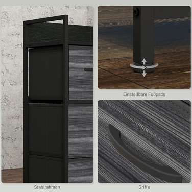 Комод, тумба, 4 висувні ящики з тканиною, індустріальний дизайн, 60x29x85 см, чорний