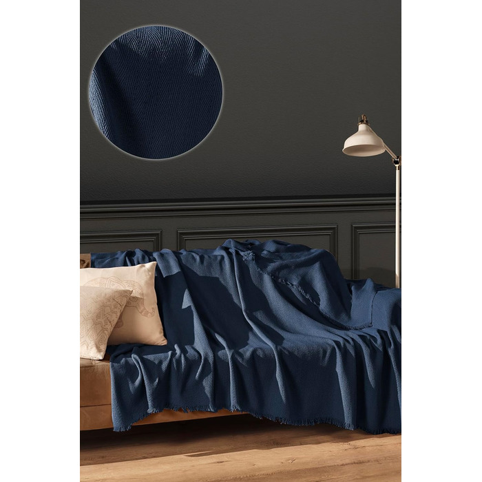 Покривало Sera 100 перероблена бавовна Oeko-Tex Покривало, плед, двостороння ковдра, диванна ковдра дуже великий (200 x 230 см, темно-синій)