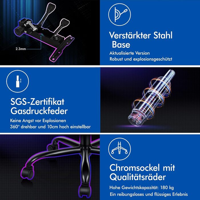 Ігровий крісло Alfordson з підніжкою, масажем, регулюванням на 150° та PU-шкірою. Макс. вага 180 кг, серія Eryx (Чорний/Синій)