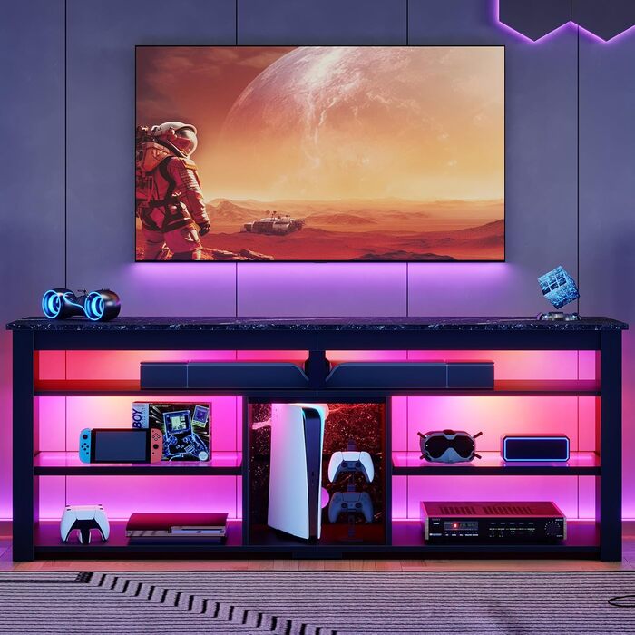 Тумба під телевізор Bestier 70 дюймів з LED-підсвіткою, для PS5, чорний мармур 160x33.8x66.8 см
