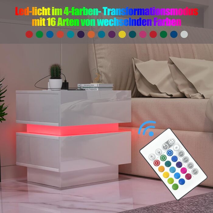 Тумбочка Lvhcmfohm з розеткою, LED, USB, 2 ящики (45x35x46см, біла)