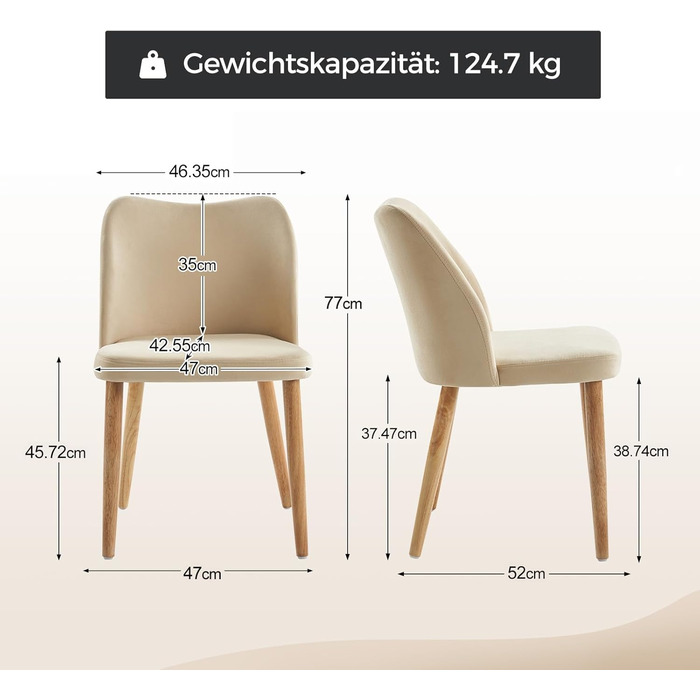 Набір з 2-х стільців для обідньої зони HULALA HOME, стільці до туалетного столика, зручні кухонні стільці з дерев'яними ніжками, висота сидіння 46 см, для вітальні, спальні та обідньої зони, бежевий (2 шт.)