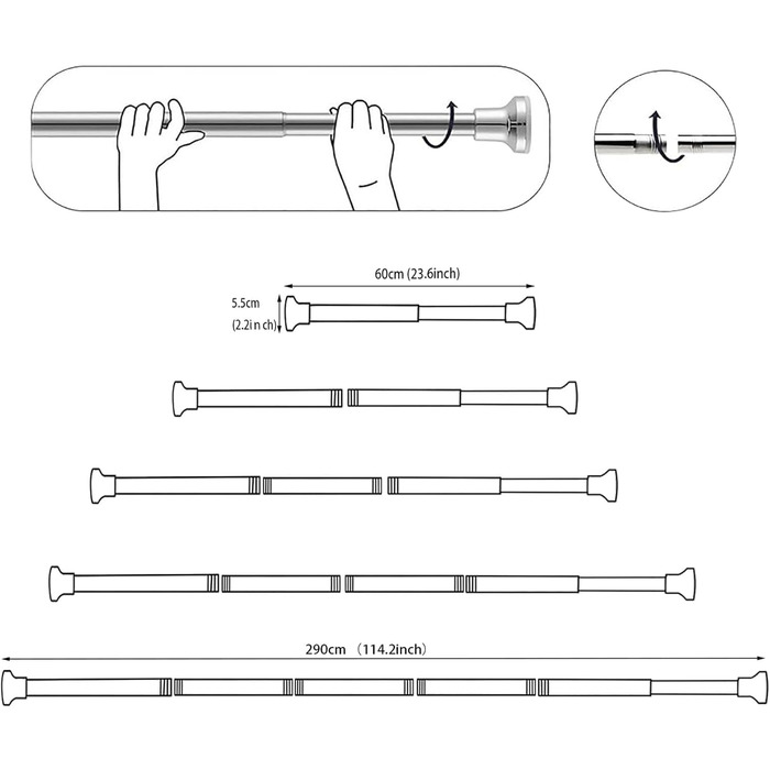 Телескопічна штора для душу без свердління, нержавіюча сталь, розкладна 120-215см (100-290см, біла)
