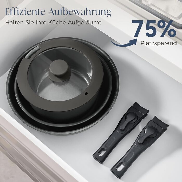 Набір посуду 17 частин з знімним ручками, антипригарне покриття, для всіх типів плит, включаючи індукцію, та духової шафи (темно-сірий)