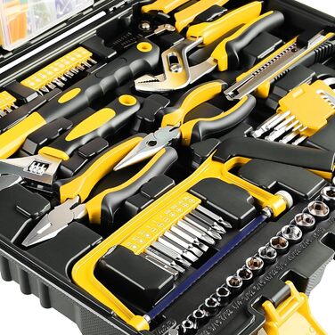 Набір інструментів TLGREEN 198 предметів в кейсі: побутові інструменти з тріскачкою, набір головок, викрутки, універсальний інструментальний набір (жовто-чорний)