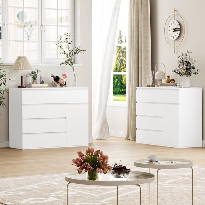 FOREHILL Комод білий з 5 шухлядами та 1 дверцятами, 100x40x80 см. Комод для спальні, вітальні, кабінету, передпокою