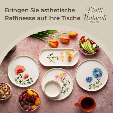 Набір посуду Piatti Naturali 6 персон для сніданку - набір тарілок з 14 предметів, столовий сервіз, комбіноване обслуговування, тарілка для торта, можна мити в посудомийній машині - квіти (тарілка (6x) - 3 квіти)